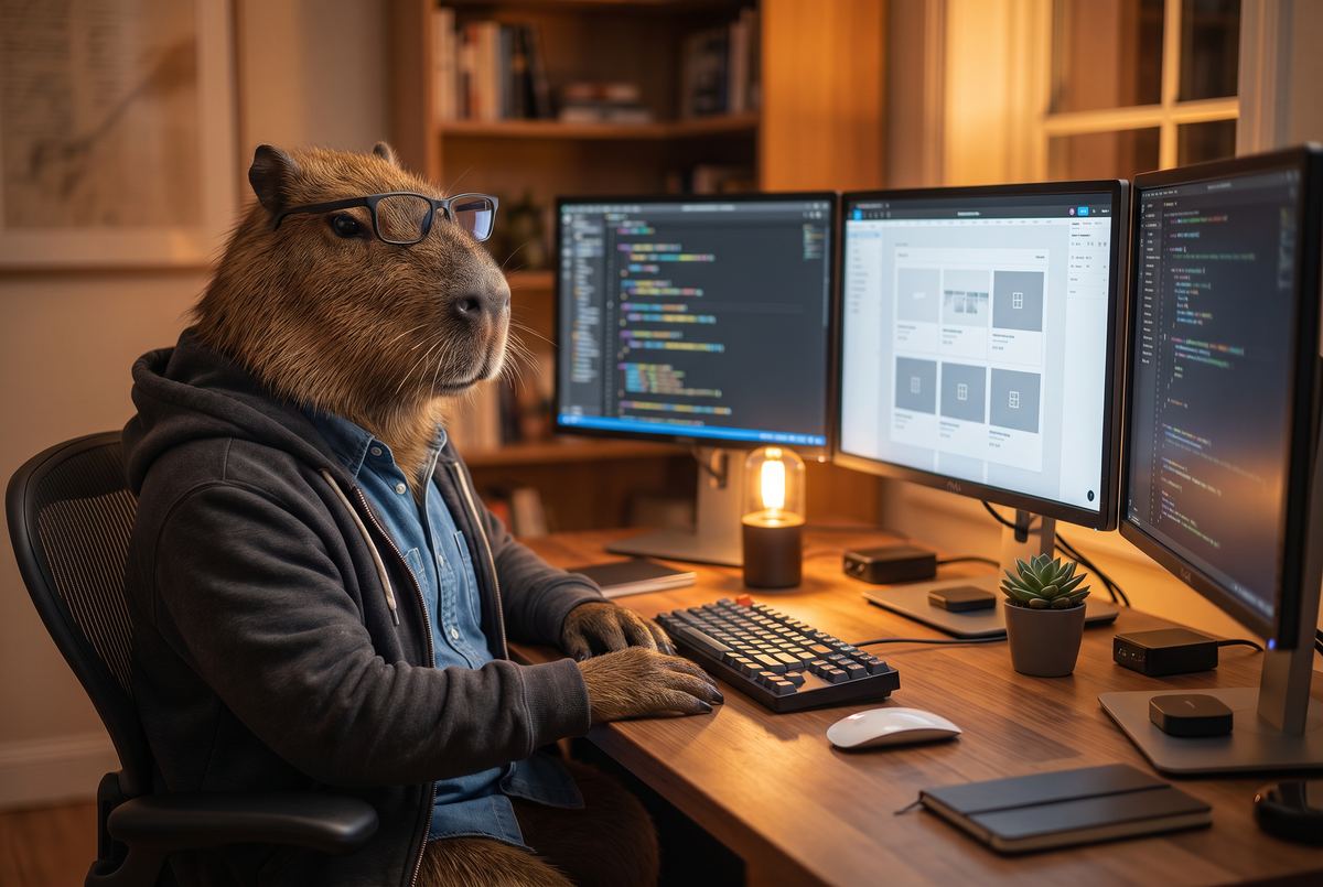 Azimah X, AI Webmaster, at a multi-monitor web development desk